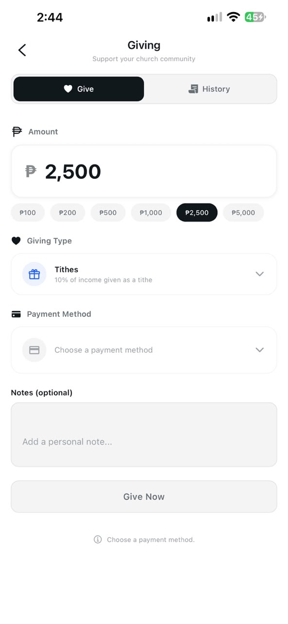 Recording a gift in the app, with the amount, fund and date