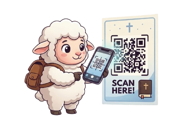 Illustration of a lamb scanning a church check-in QR code with a phone